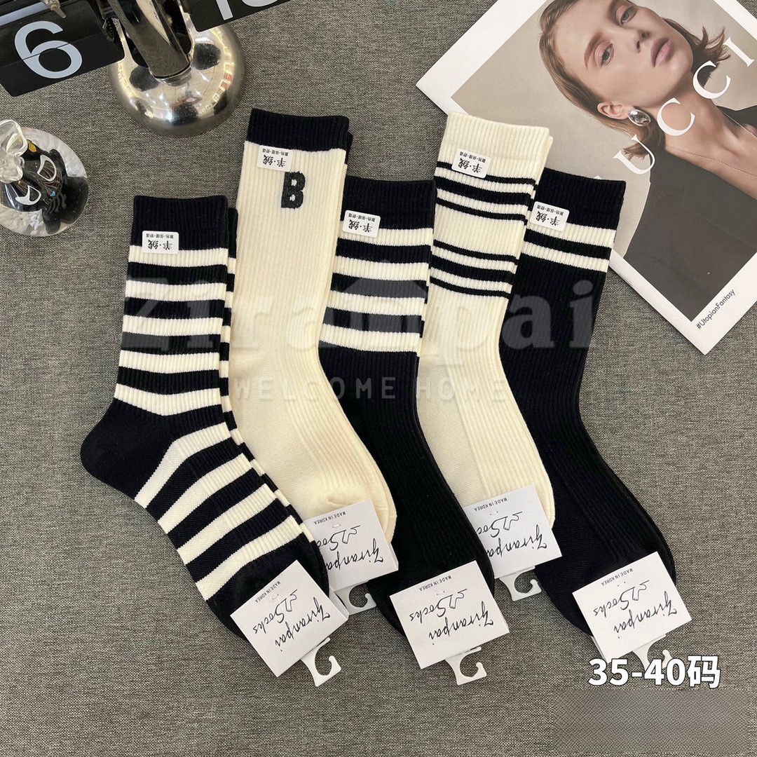 5双 女士羊绒条纹女长筒袜仿双针秋冬加厚保暖发热女袜秋冬款御寒