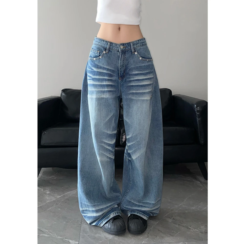 美式复古侧缝直筒牛仔裤女2025秋季设计立体感低腰宽松垂感阔腿裤