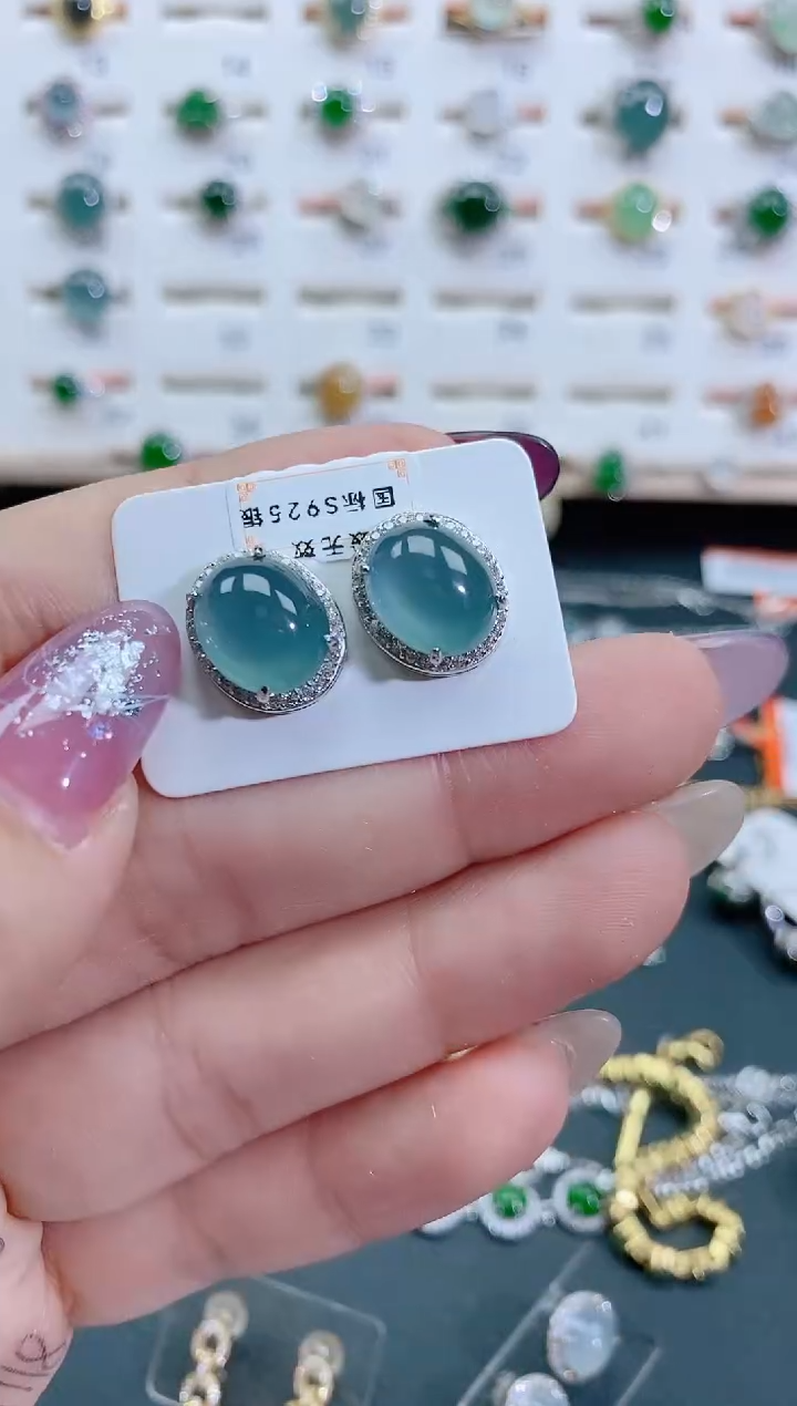 银S925镶嵌翡翠耳饰天然翡翠