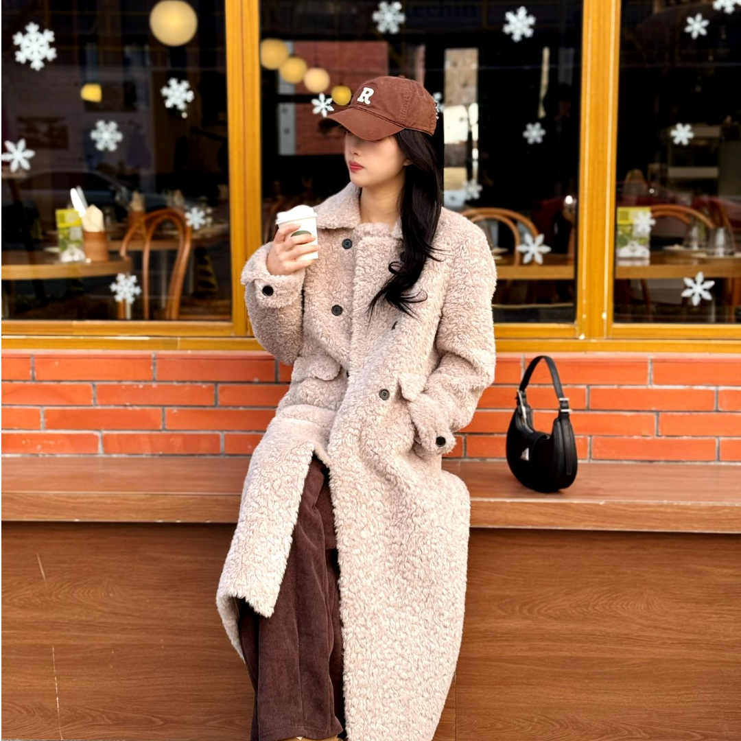 【洛洛】秋冬新款翻领宽松气质百搭高级感女毛呢长款皮毛一体2637