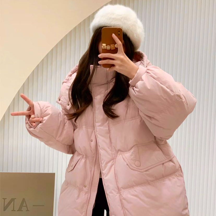 【年底清货】2024新款冬装韩版连帽收腰羽绒服女中长款休闲宽松外套