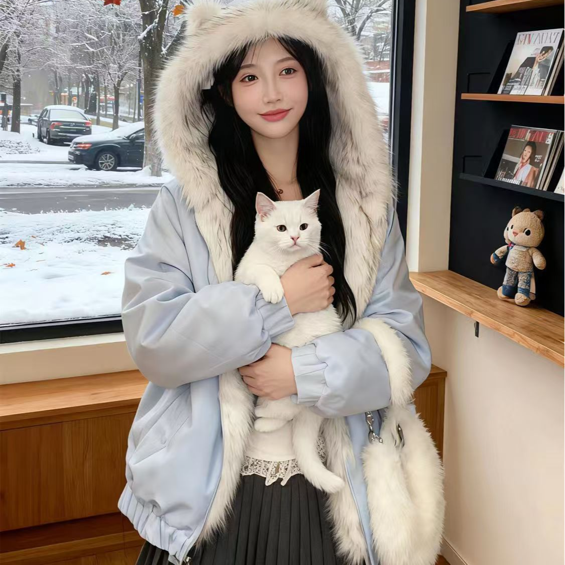 【正反穿毛茸茸】设计连帽猫耳朵加厚保暖外套冬季爆款甜美风格棉服