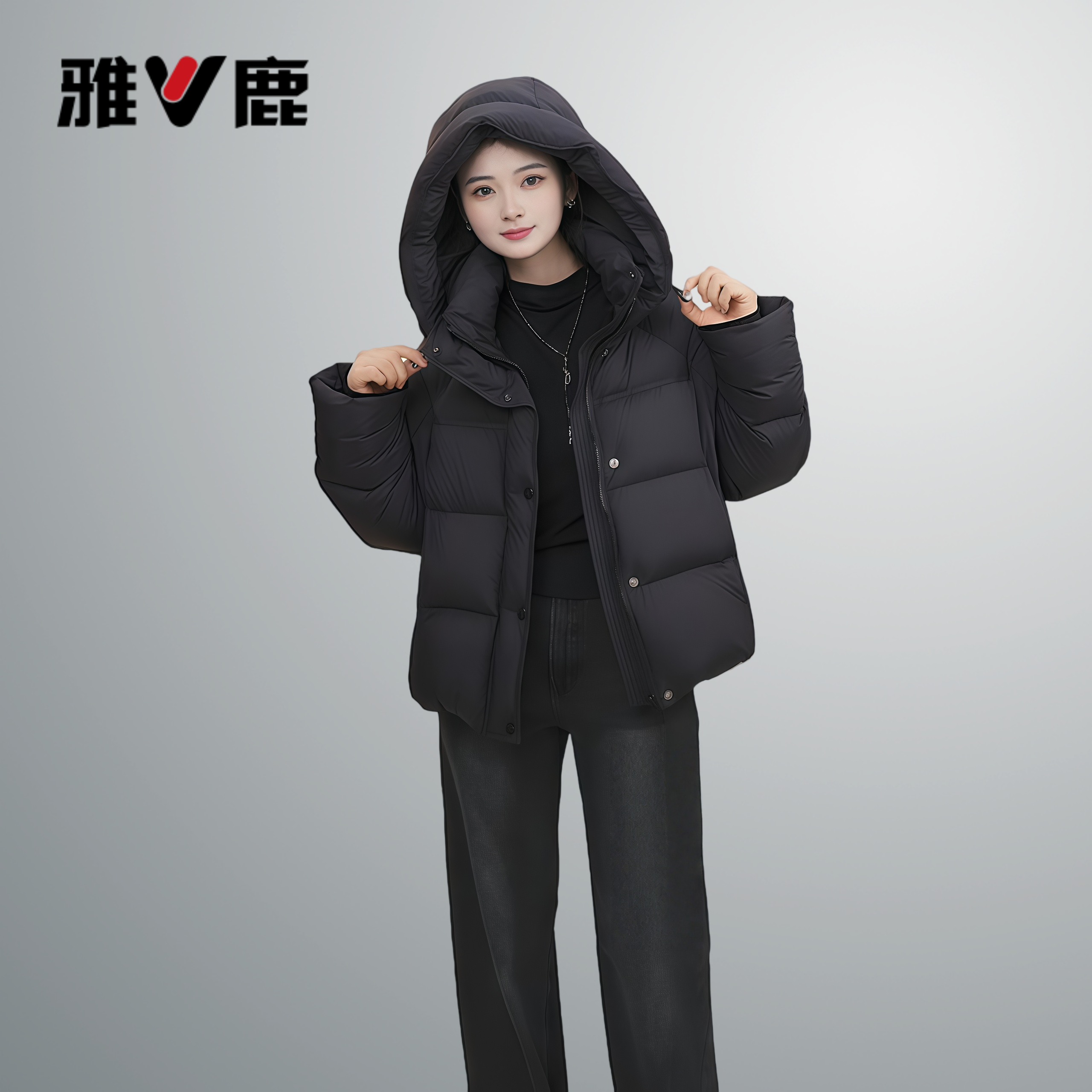 V/雅鹿90三星鸭绒云朵泡芙感连帽羽绒服时尚休闲保暖冬季女士外套