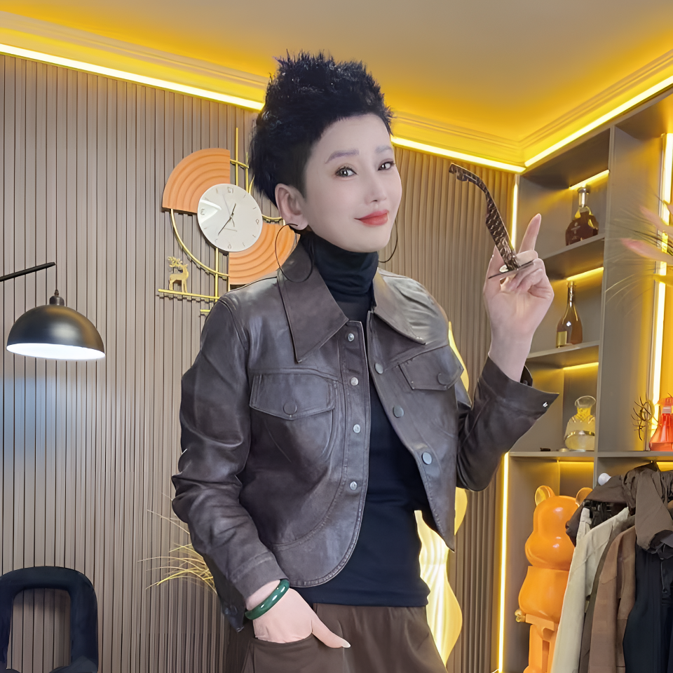 （利姐严选）春季时尚百搭修身短款油蜡皮小皮衣#8895