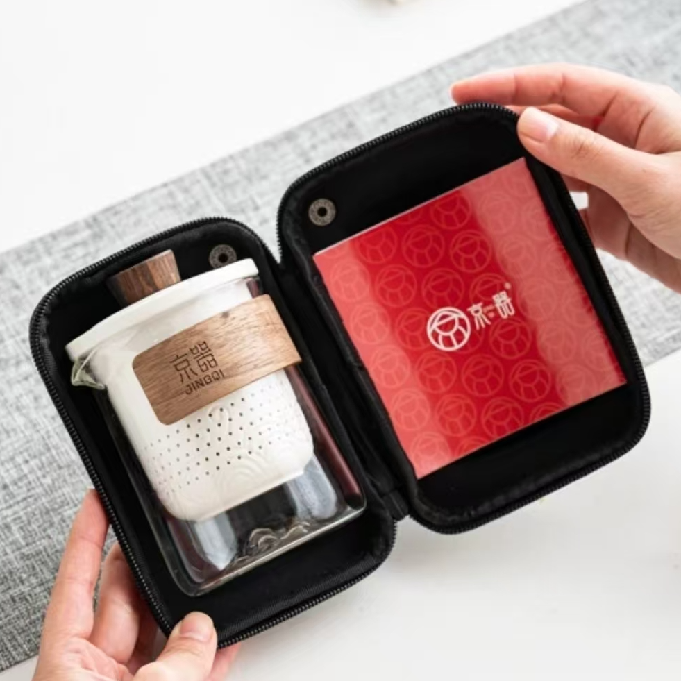 京器白色海浪纹旅行茶具一壶三杯带包