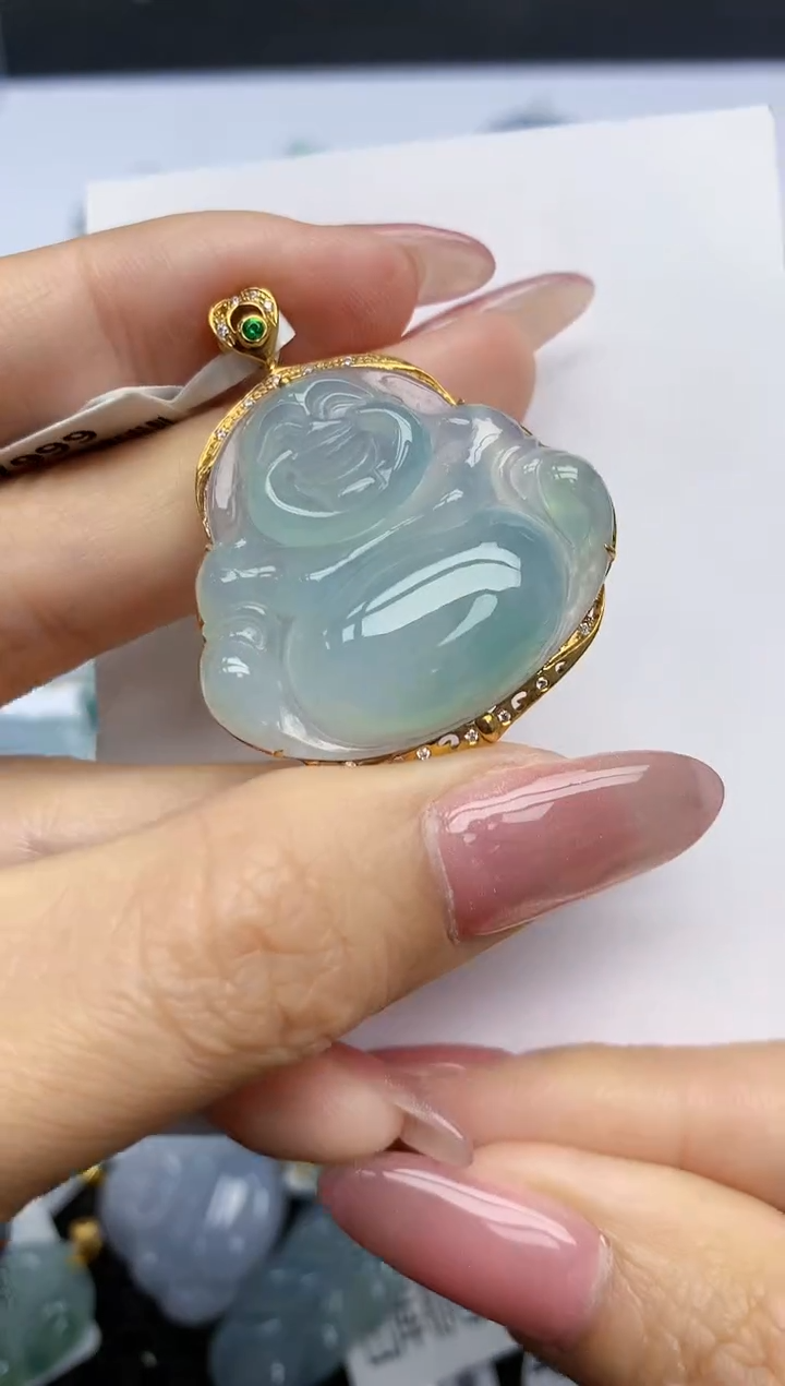 【闪购商品】翡翠挂件18K金镶嵌天然翡翠A货