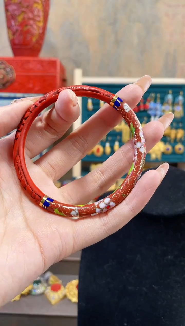 【闪购商品】非遗雕漆镯子景泰蓝红色58-62
