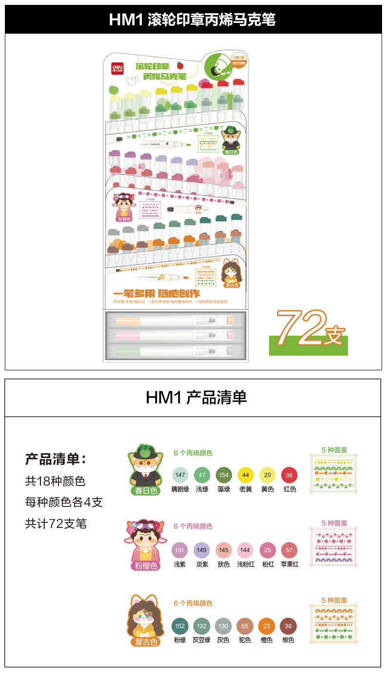 HM1   得力滚轮印章丙烯马克笔套装(72支/套)