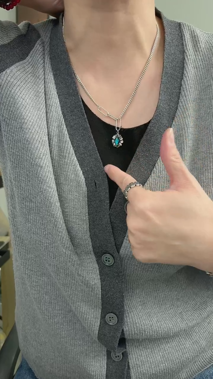 无坠链均925银菱形蓝石坦克套链38