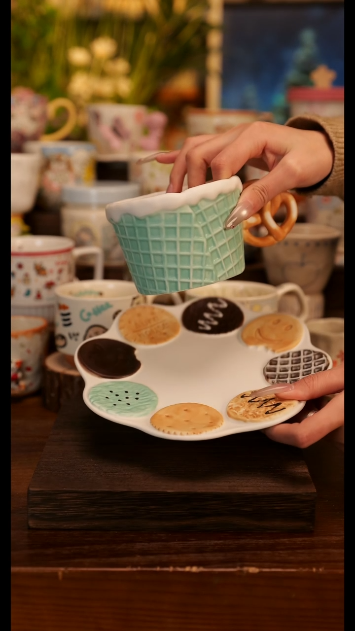 陶瓷手柄款华夫饼手作杯 