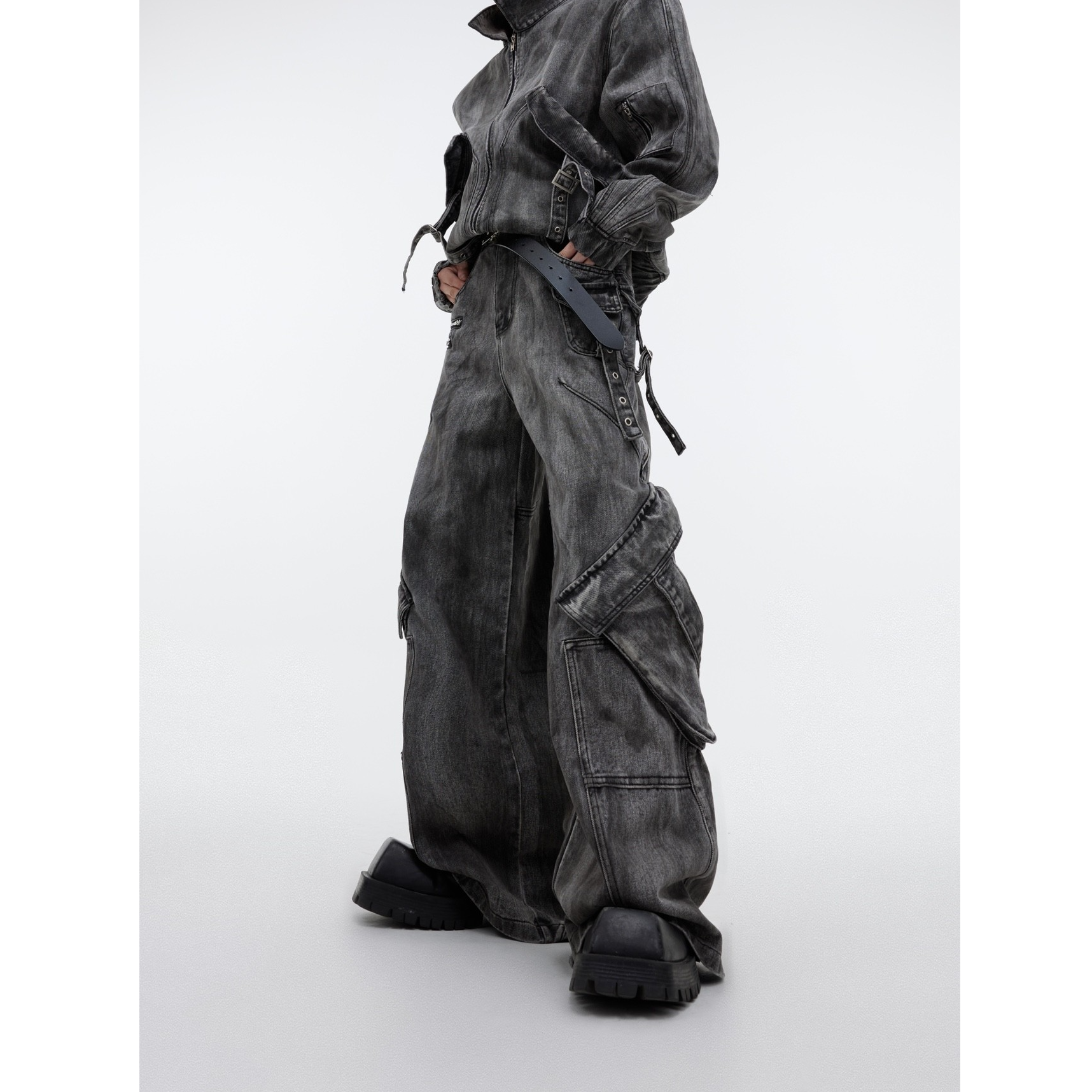 CulturE小众复古做旧牛仔套装夹克外套废土重磅拉链大口袋工装裤