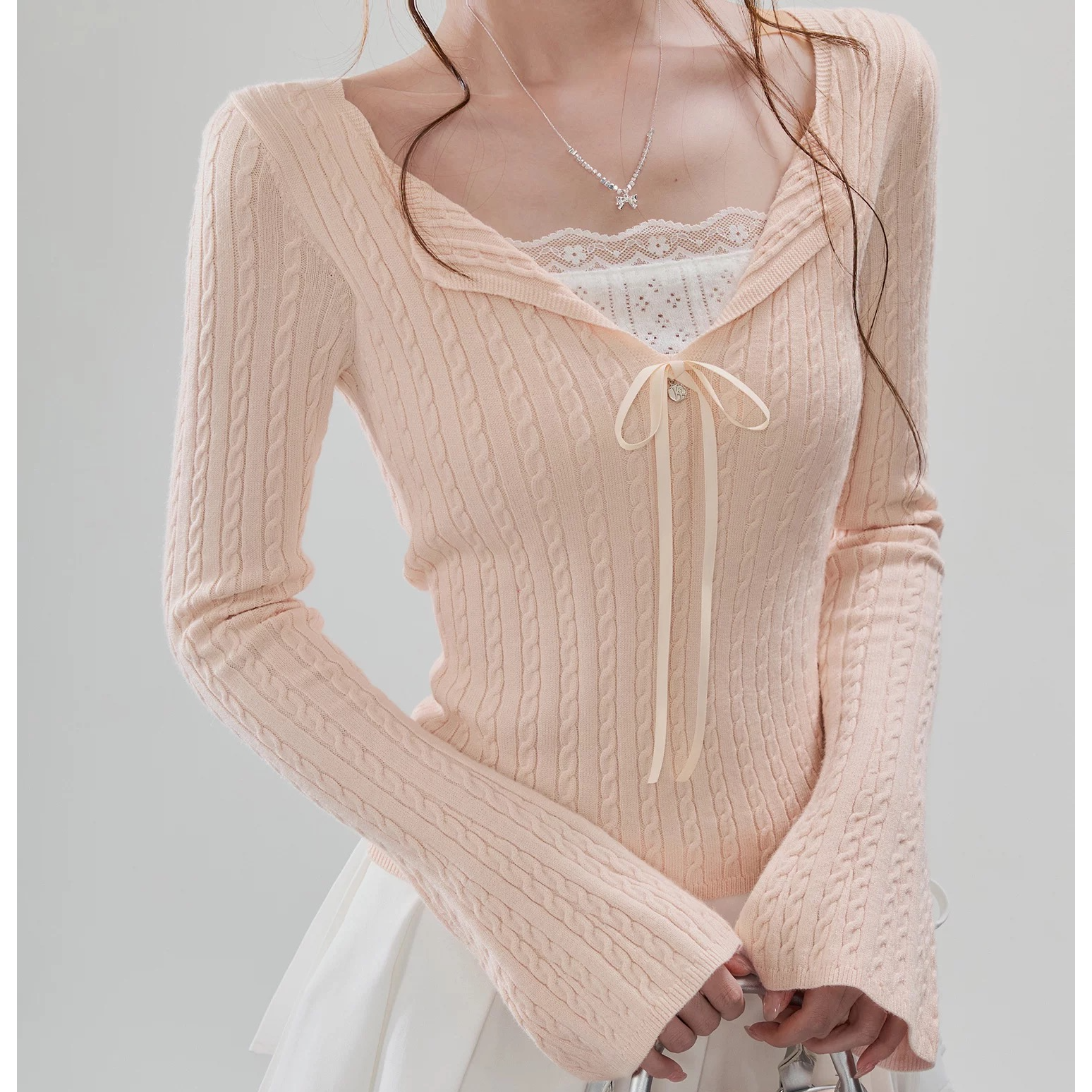 温柔甜美系蕾丝系带v领修身显瘦长袖甜辣风针织打底显瘦内搭上衣