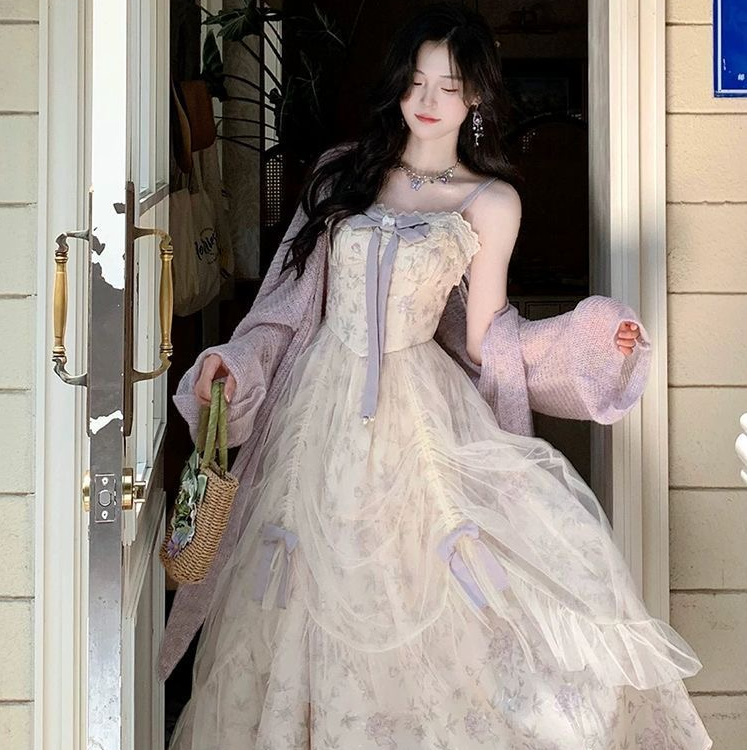 幽兰浮梦 超仙绝绝紫温柔碎花抽褶网纱吊带连衣裙长裙