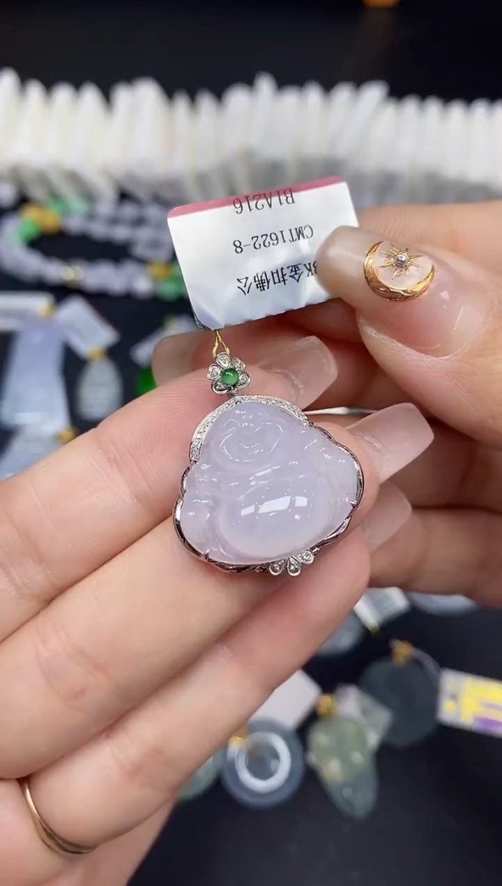 吊坠(不含链)18K金镶嵌翡翠佛公18K金扣镶嵌@@CMT1622-8