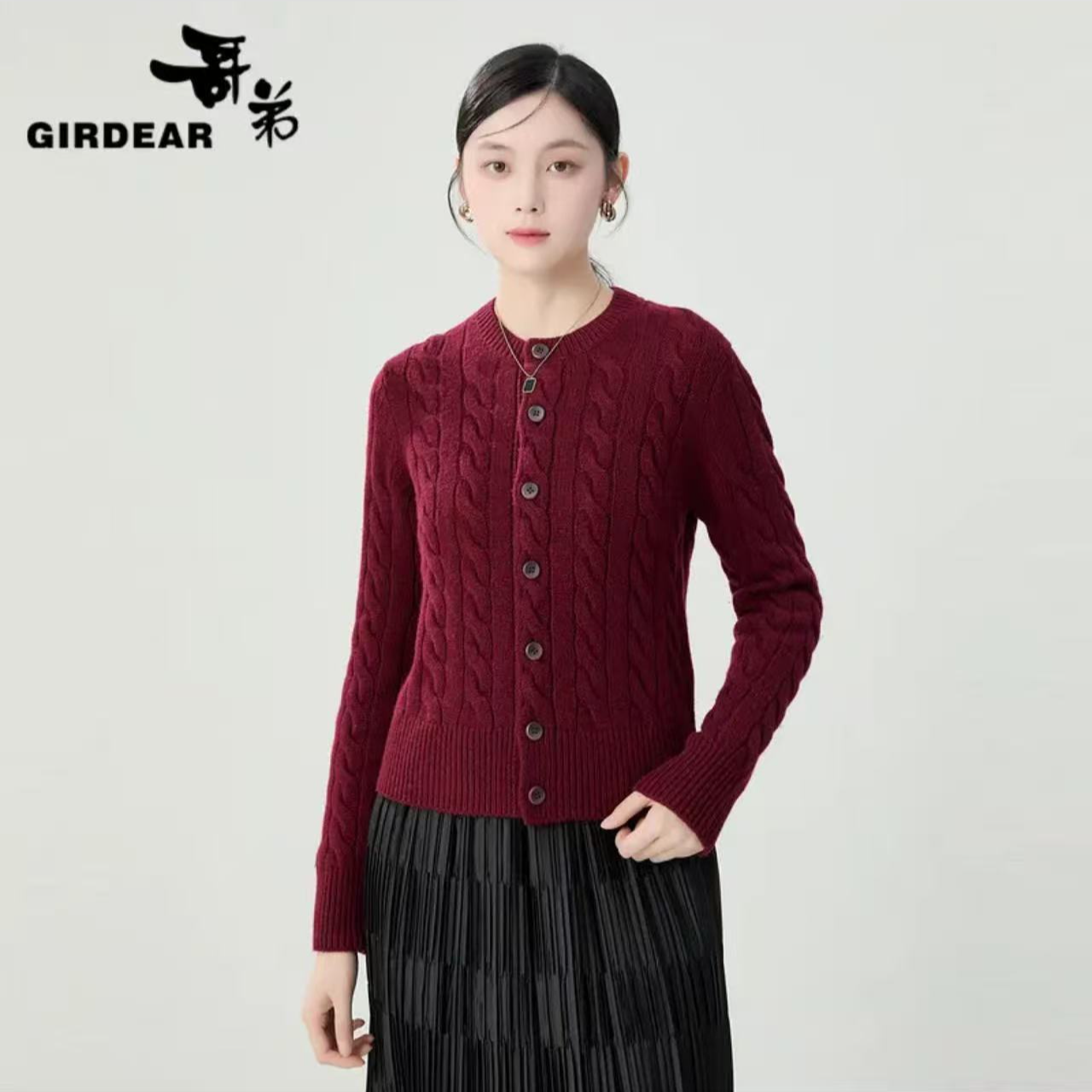 哥弟品质女装新款时尚圆领麻花纹纯色简约绵羊毛针织开衫1499248