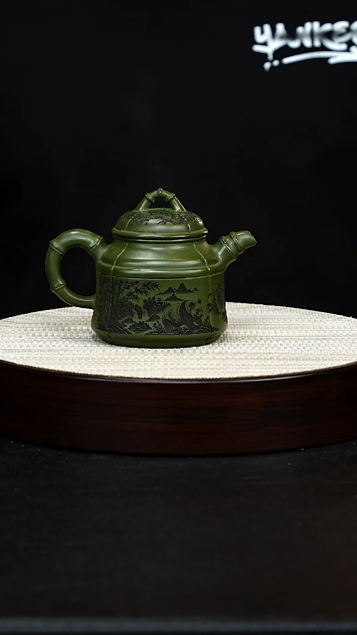 茶壶紫砂宜兴原矿纯手工紫砂 双线竹鼎 景州墨绿泥