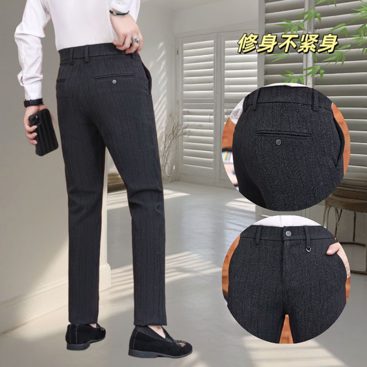 休闲裤中腰透气韩版小直筒条纹商务男裤885HCD63中年秋冬