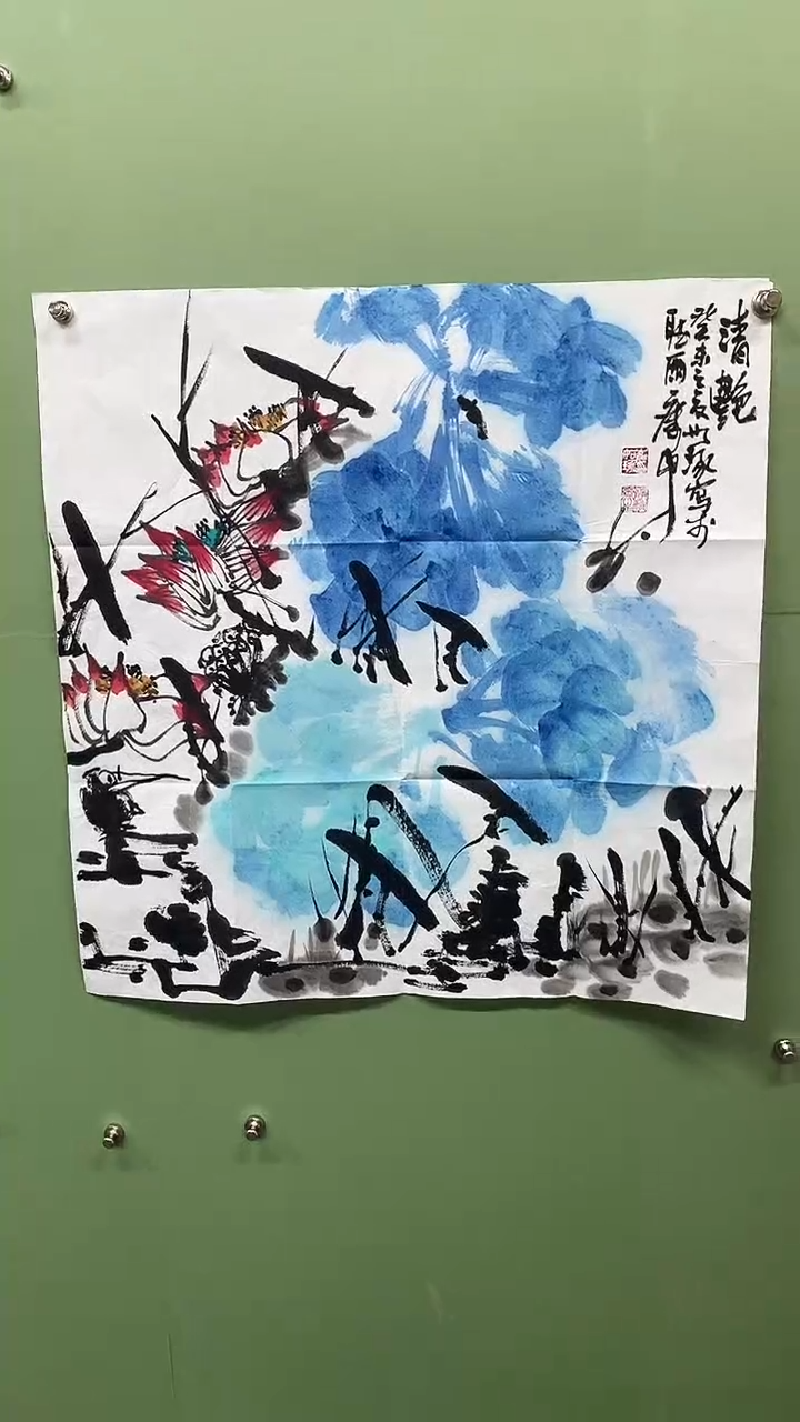 竖款精品四尺斗方荷花，清艳