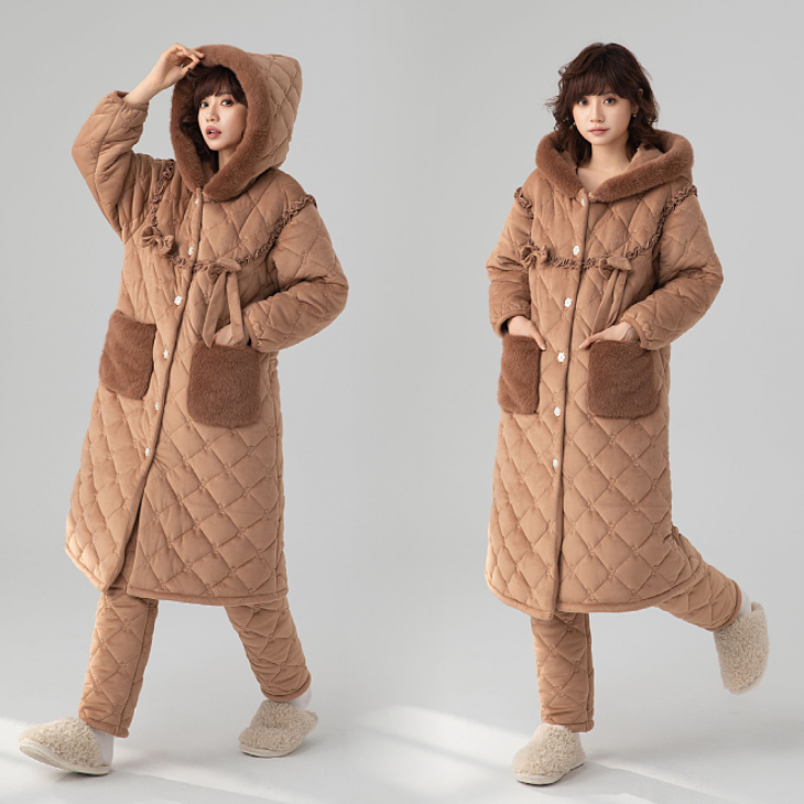 冬季舒适女士连帽睡衣家居服休闲保暖时尚加绒加厚长款套装