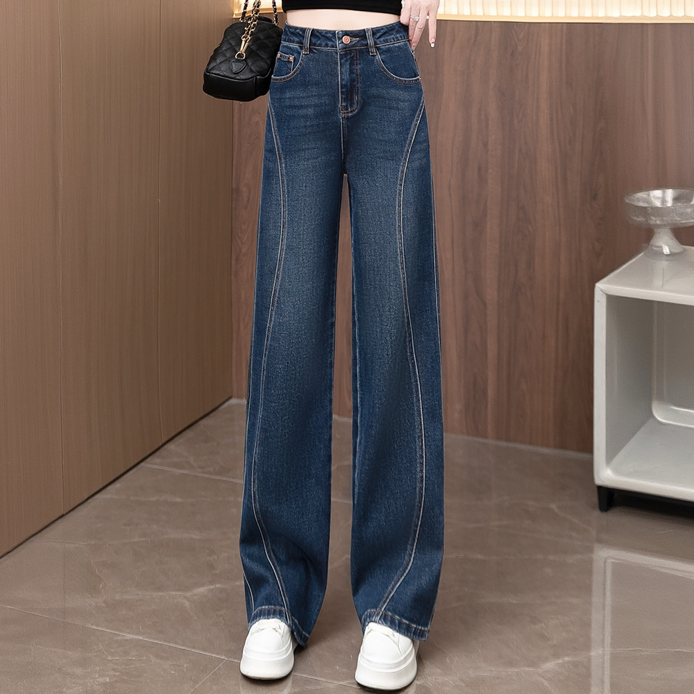 今年流行时尚加绒牛仔阔腿裤女2025年秋冬季新款显瘦高腰直筒裤子