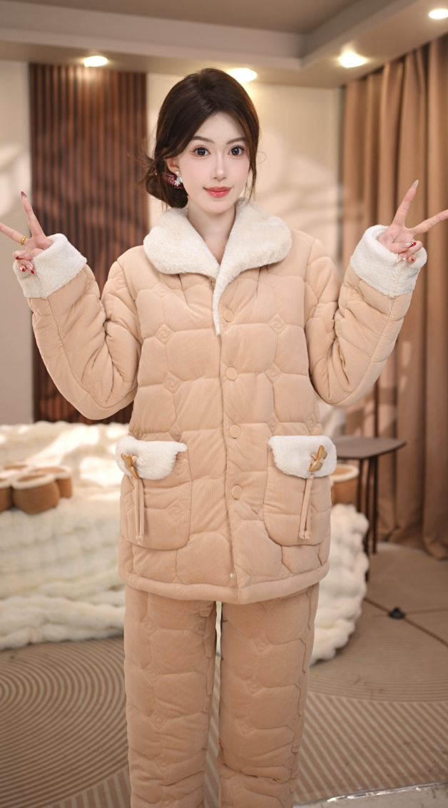 【摩卡】冬季新款三层夹棉冬季超厚加绒加厚高端保暖家居服睡衣S919