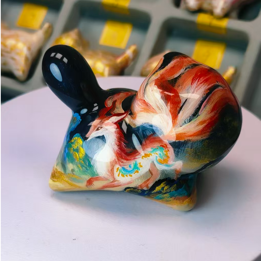 7公分手绘大漆檀木流体彩漆猫DIY手工家居摆件挂饰动物招财猫