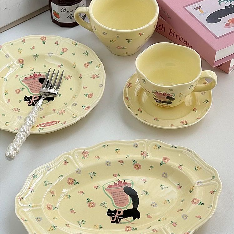 新疆包邮花园猫咪餐具陶瓷碗盘杯子家用高颜值少女心早餐盘菜盘