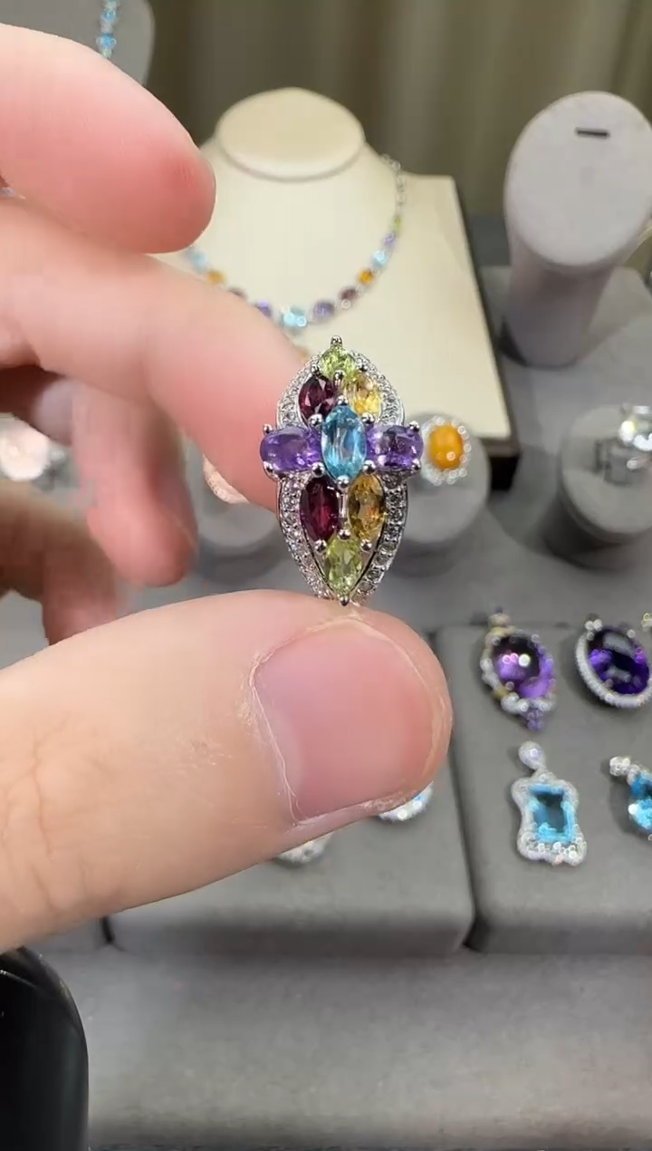 银S925镶嵌戒指水晶3*6mm多彩宝戒指设计款