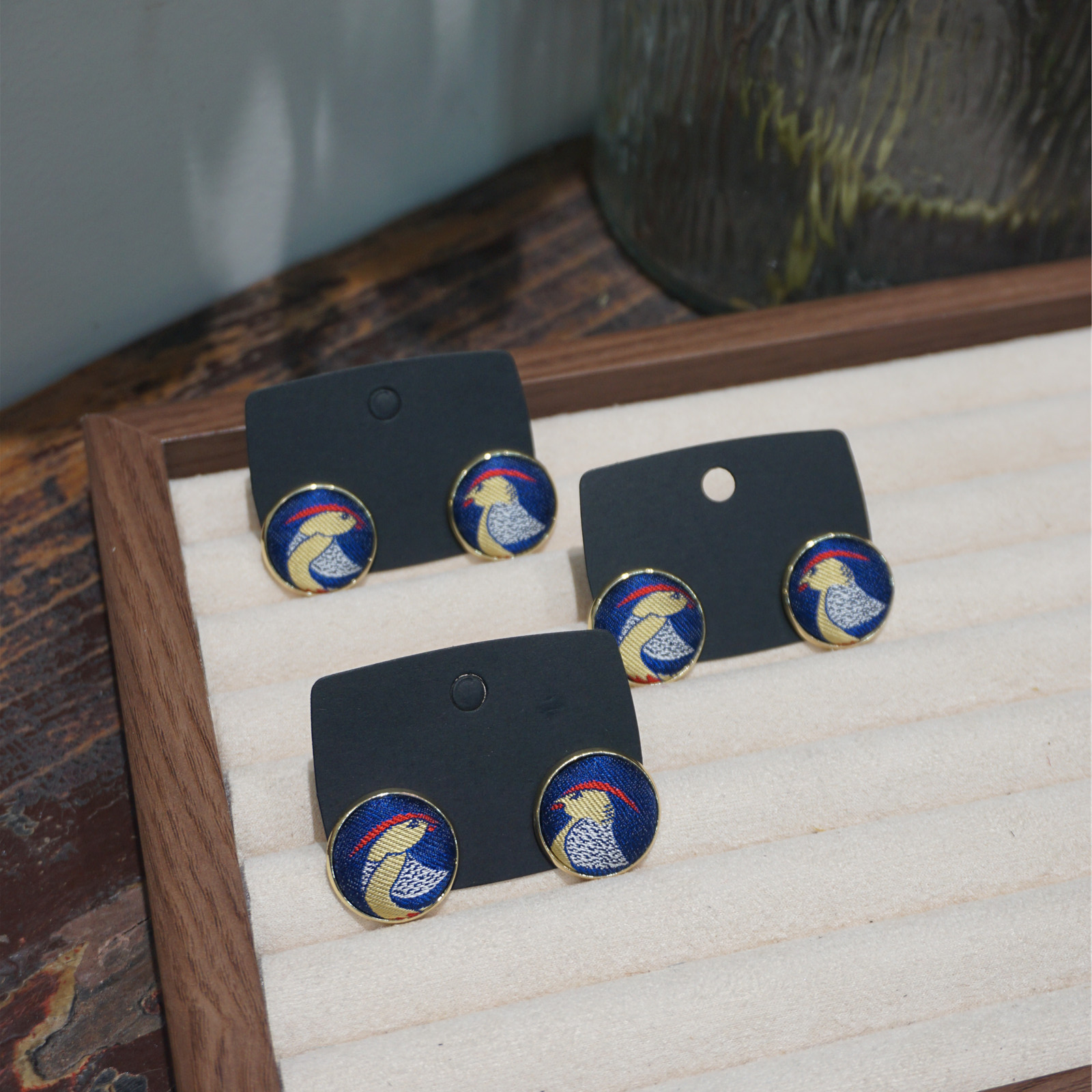 非遗宋锦大宋翟鸟2cm圆形耳钉耳饰925针