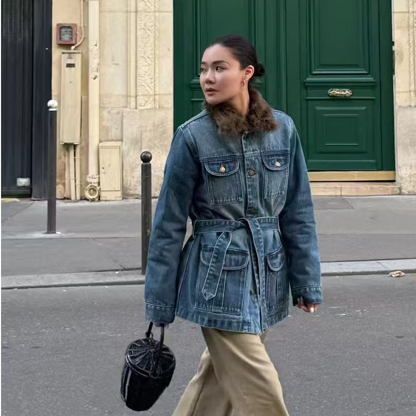 【欢喜SS】冬季韩版中长款可收腰毛领水洗时尚休闲宽松显瘦牛仔棉服