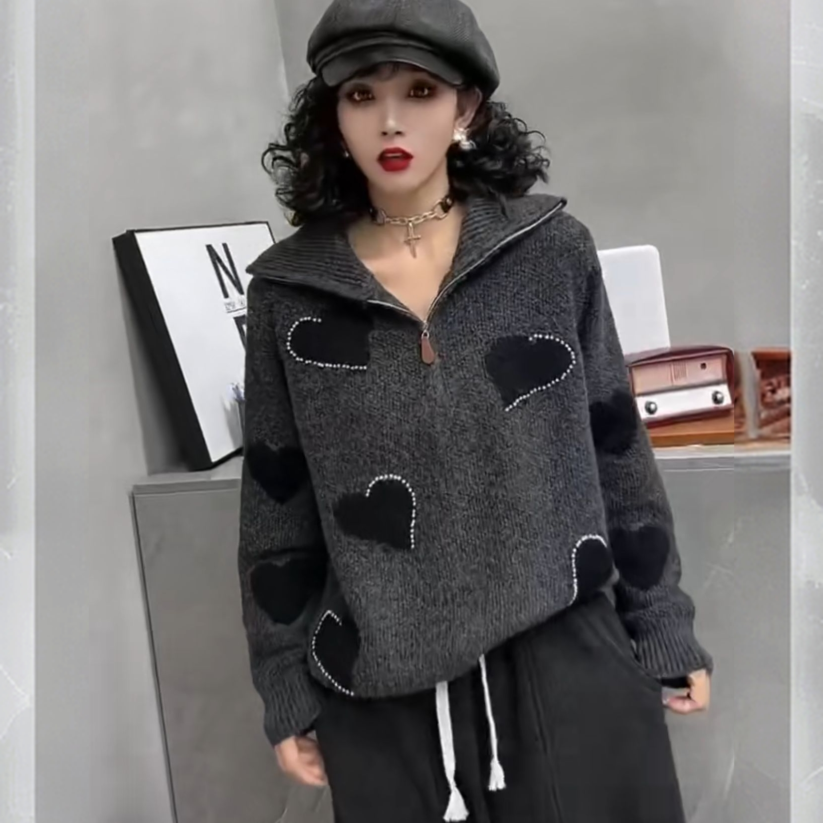 【合肥欢欢】“心动”秋冬百搭宽松拉链翻领加厚套头休闲毛衣女冬2601