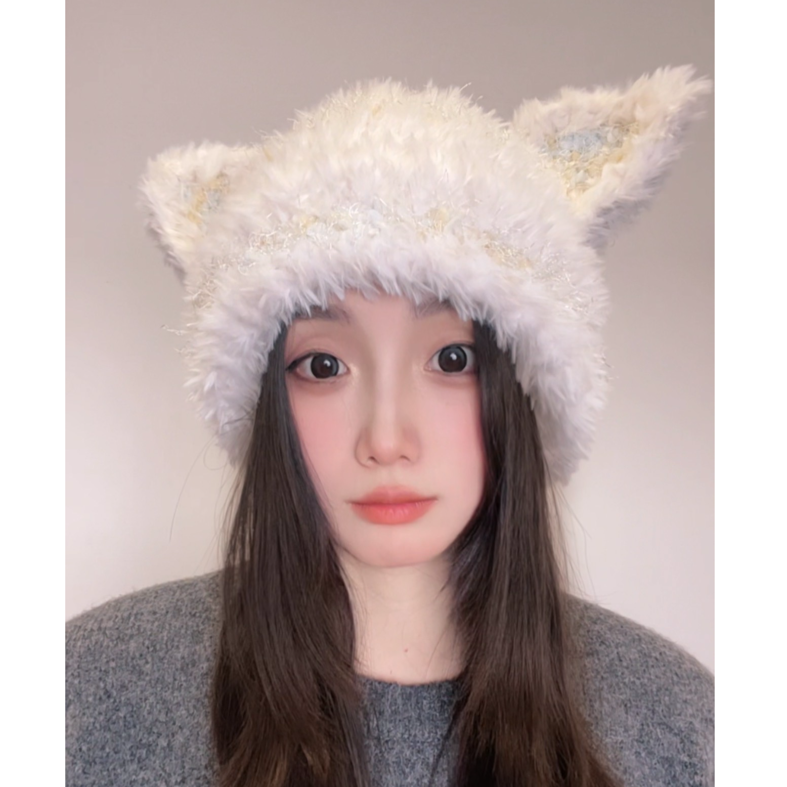 狐狸耳大头围毛绒帽女款冬季保暖混色针织帽百搭保暖帽显脸小