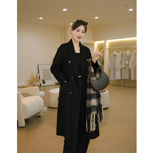 【娜姐专属】新款翻领长款秋冬女长袖纯色冬季百搭毛呢外套25082