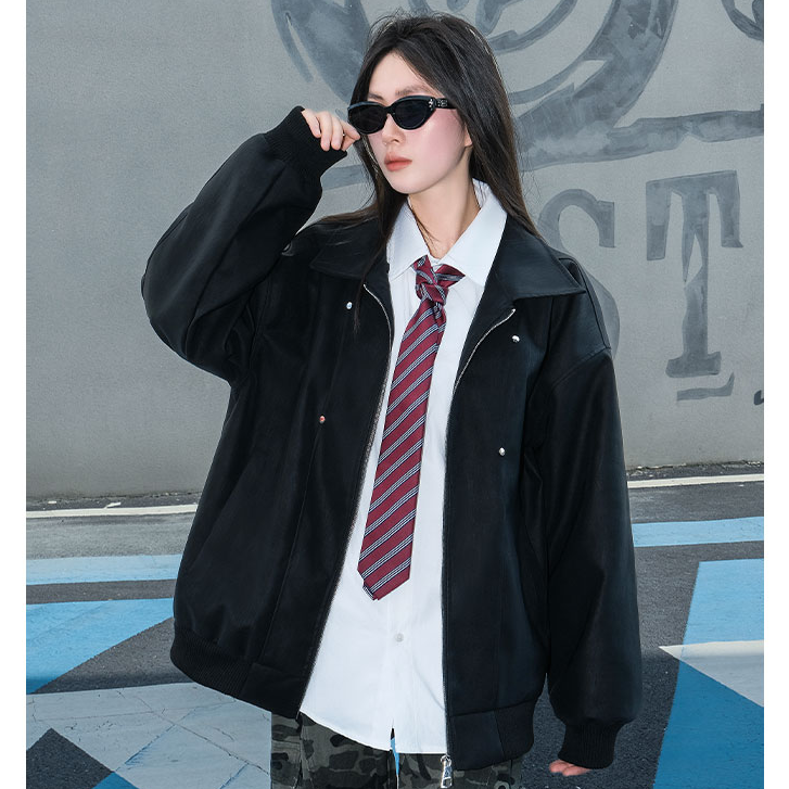 秋冬美式翻领皮衣男女机车服潮牌防风夹克情侣宽松休闲百搭PU外套
