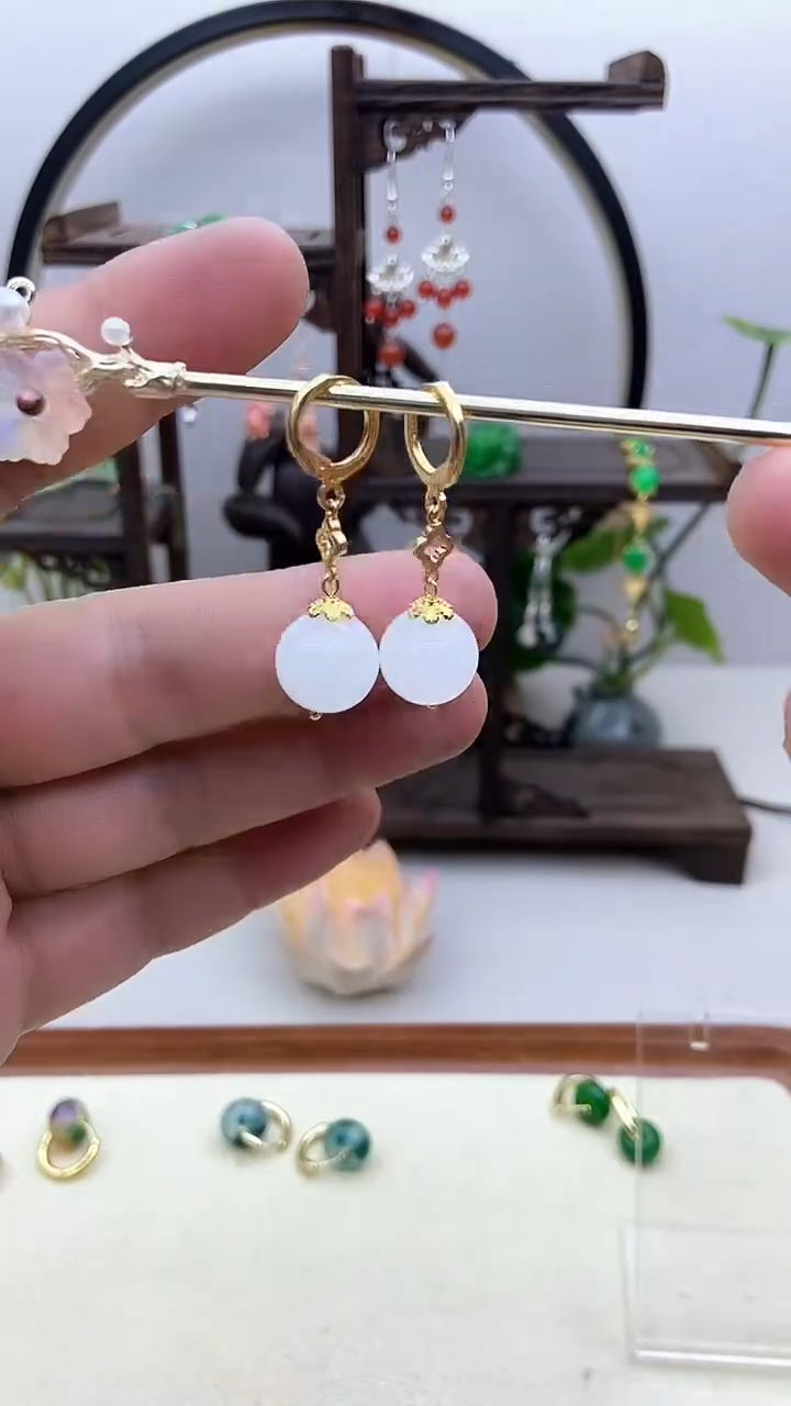 和田玉14K金镶嵌耳饰105号