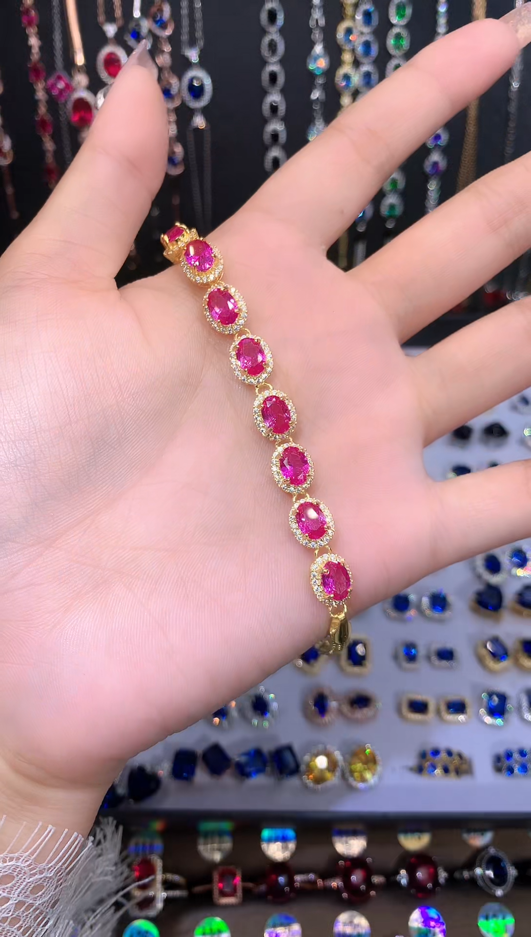 蓝宝石手链银S925镶嵌金8颗