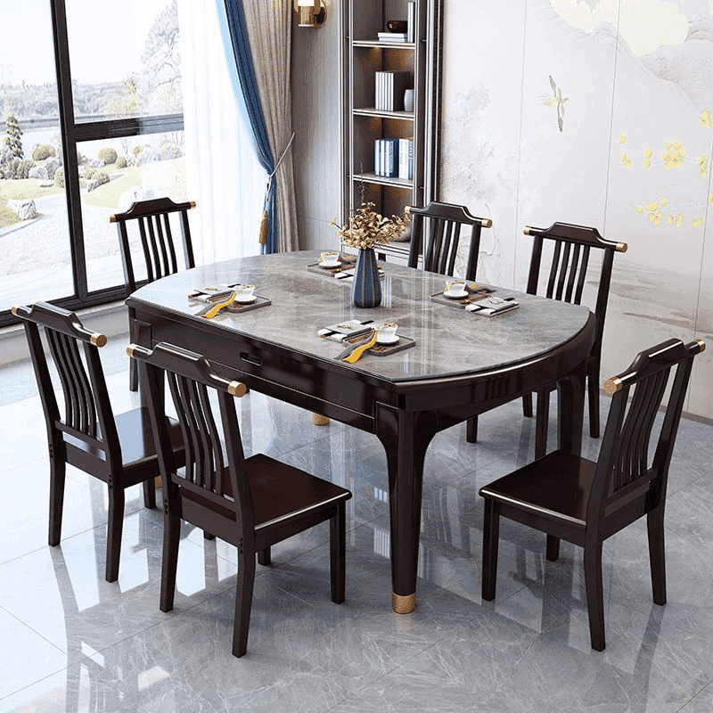 新中式实木岩板餐桌折叠伸缩多功能方圆两用可伸缩客厅餐桌椅组合