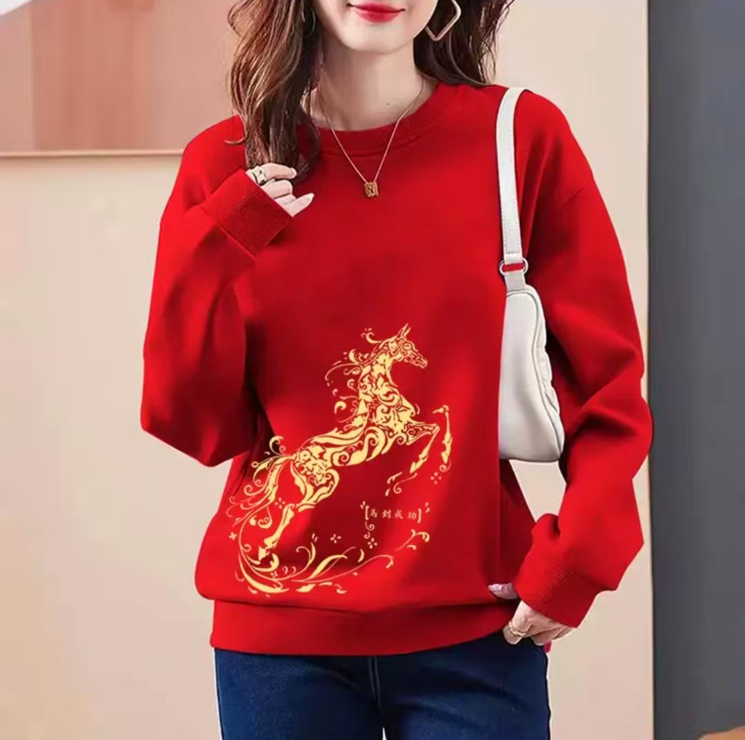 常规秋冬圆领长袖潮流情侣加绒加厚卫衣圆领马年宽松型冬季套头款