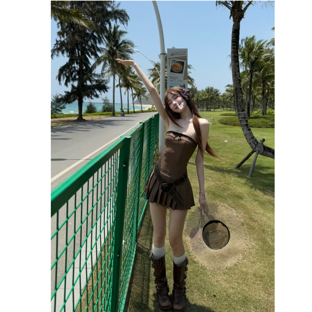 【品牌升级清仓捡漏】复古辣妹千禧咖拼丝绒蝴蝶结抹胸百褶连衣短裙