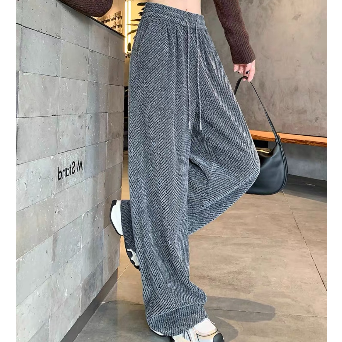 亮丝雪尼尔窄版阔腿裤女春秋高腰垂感针织裤子慵懒宽松休闲拖地裤