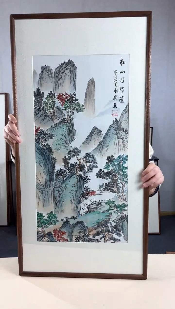 【闪购商品】国画手绘*松山行旅图*47*92cm实木框