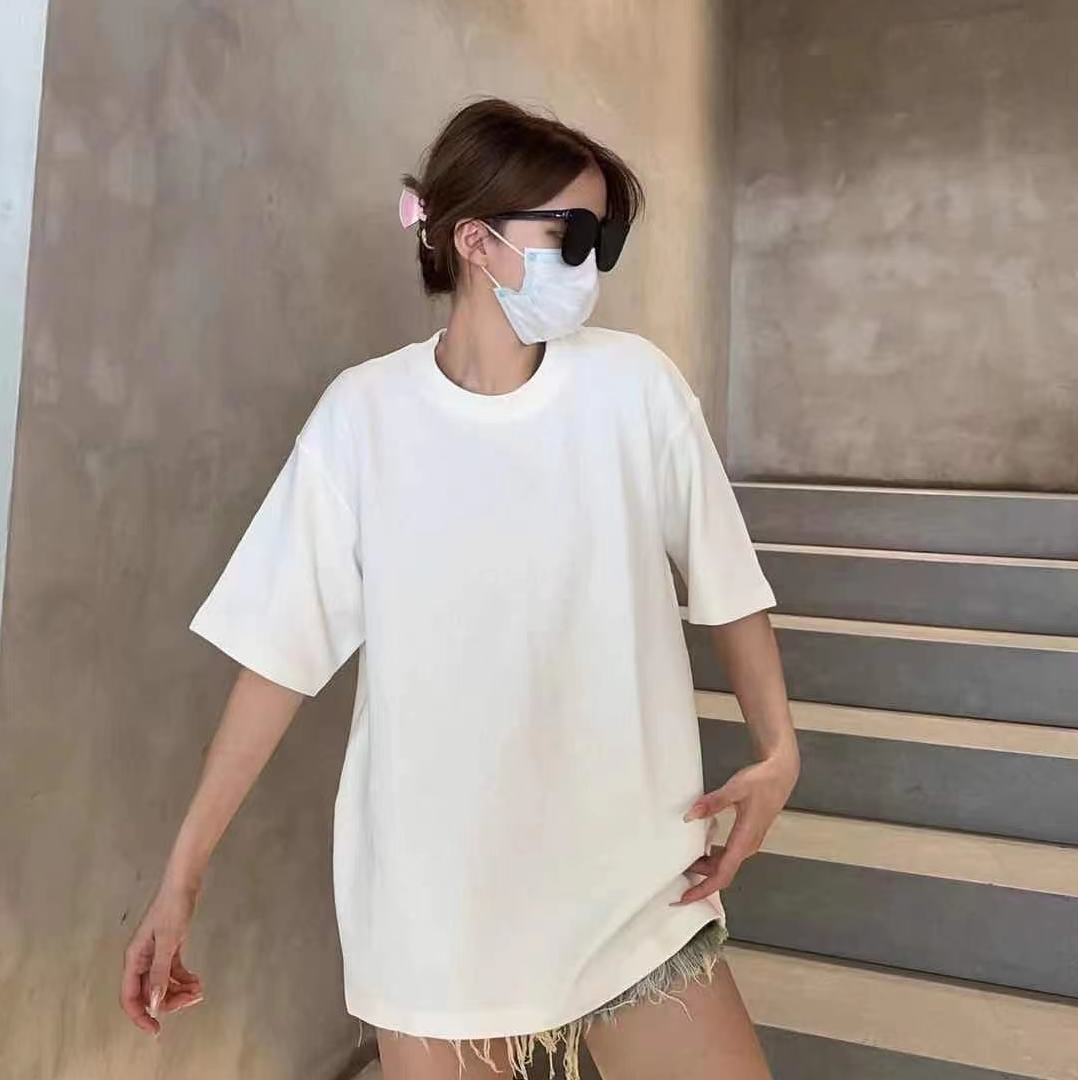 夏季宽松白色短袖T恤通用港风芭蕾风罗纹装饰常规款