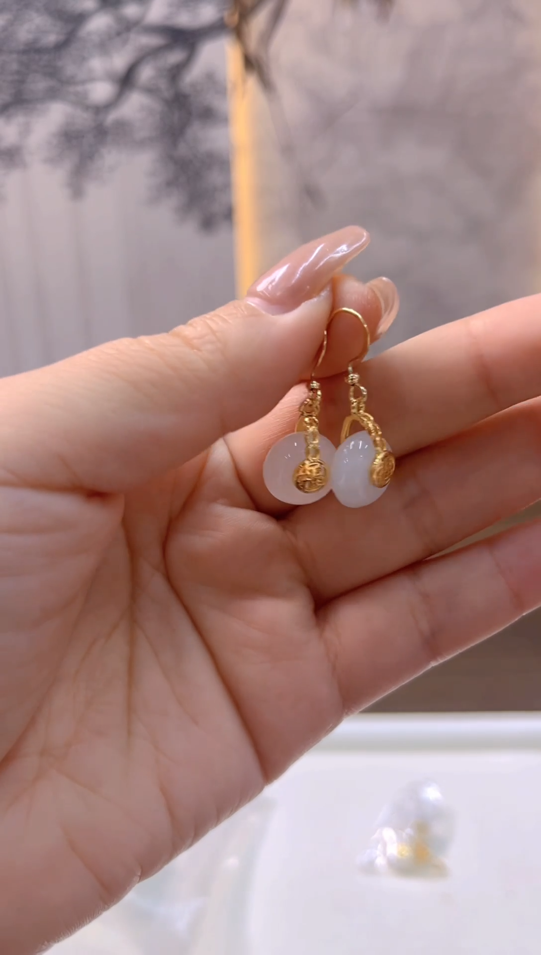 14K金镶嵌和田玉（白玉）耳饰E228