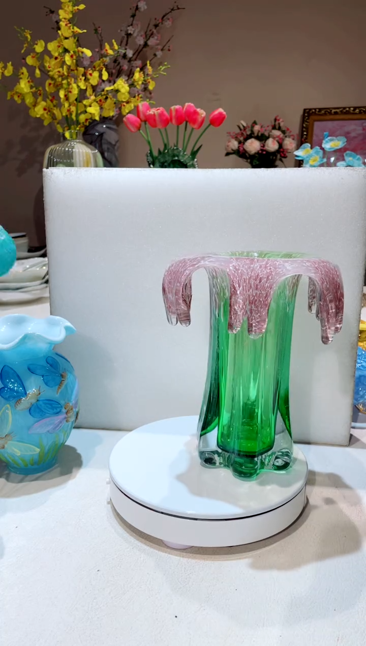 【闪购商品】琉璃手工艺品小号烟花粉绿花瓶  微瑕