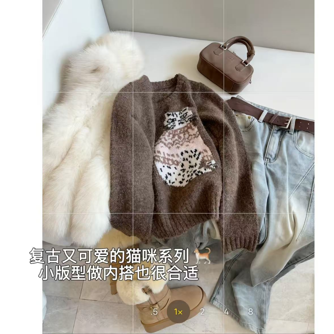 徐秋阳  穿毛衣的猫 复古美拉德白色小猫提花圆领毛衣44127