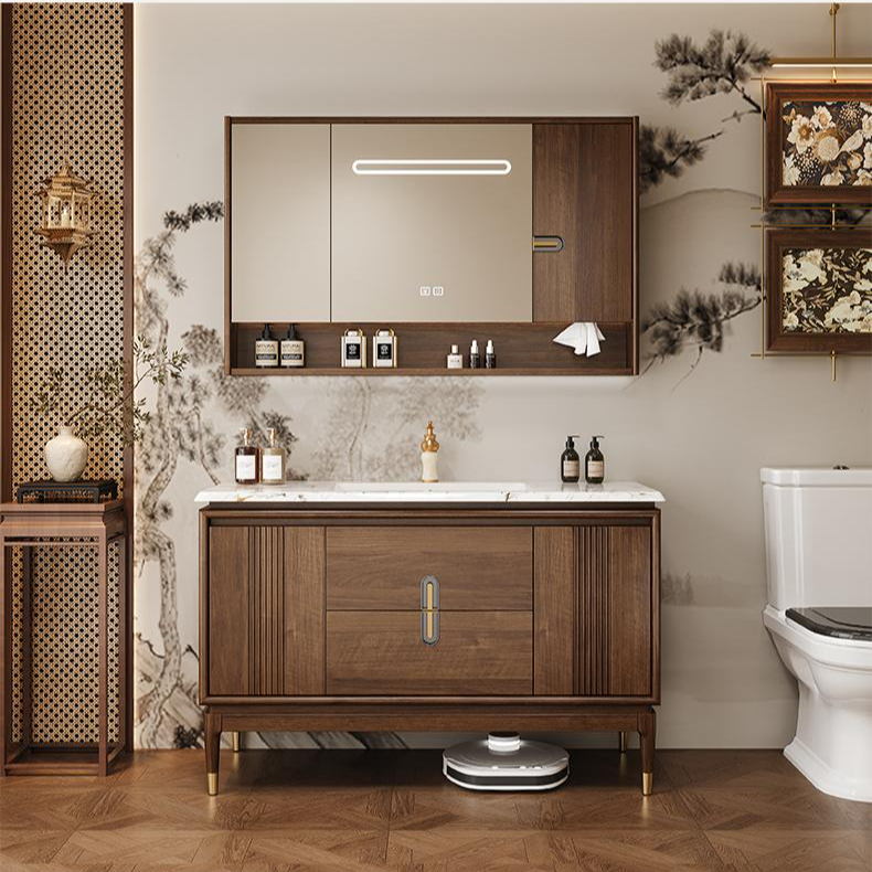 现货落地卫浴柜新中式乌金木天然奢石陶瓷一体盆浴室柜洗手洗脸盆