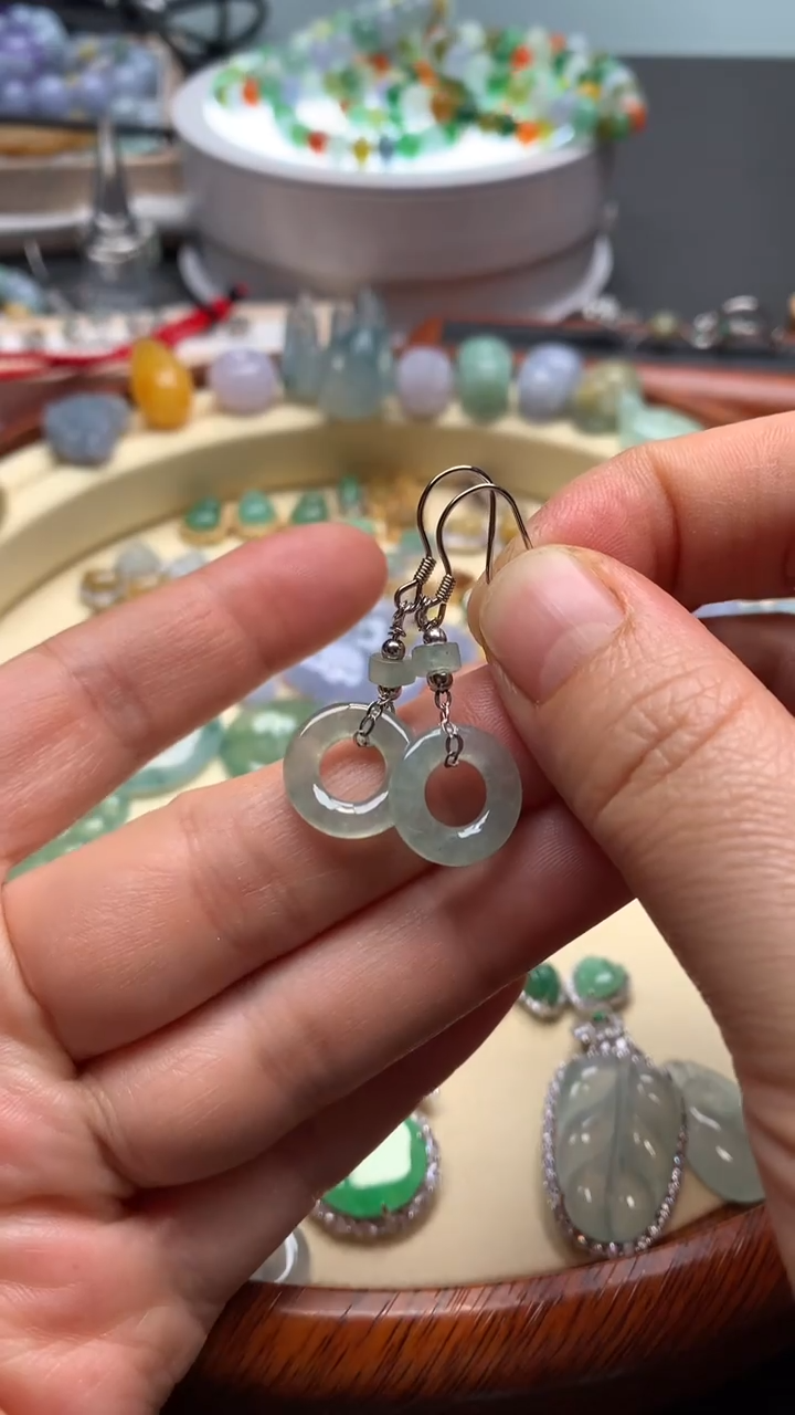 【闪购商品】翡翠耳饰银S925镶嵌翡翠镶嵌甜甜圈耳钩款