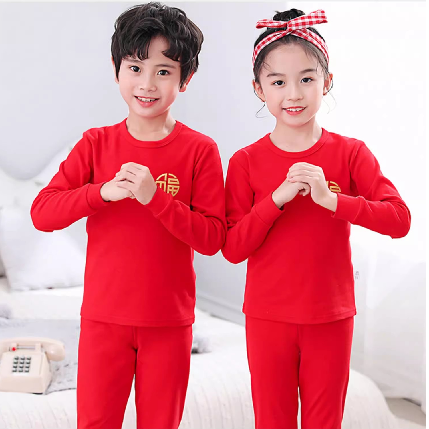 祺米男童秋衣裤青少年大童秋冬保暖内衣套装大红色本命年喜庆A类