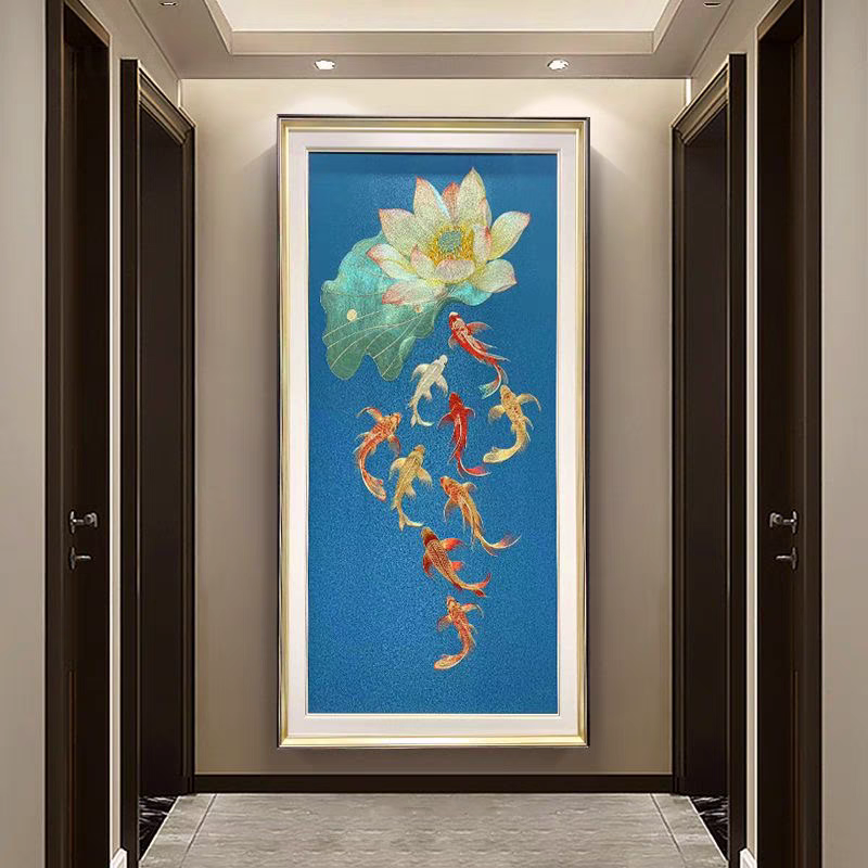 【铭尊】荷花九鱼图｜苏绣玄关高端织锦绣刺绣装饰画风水玄关挂画
