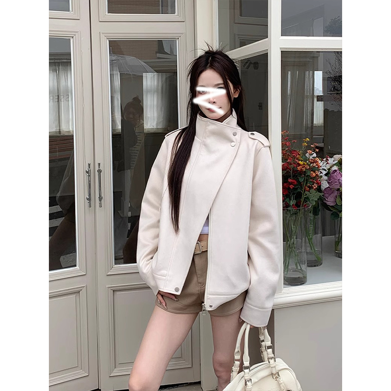 杏色立领长袖麂皮外套女装春秋季高级感宽松气质休闲夹克拉链上衣